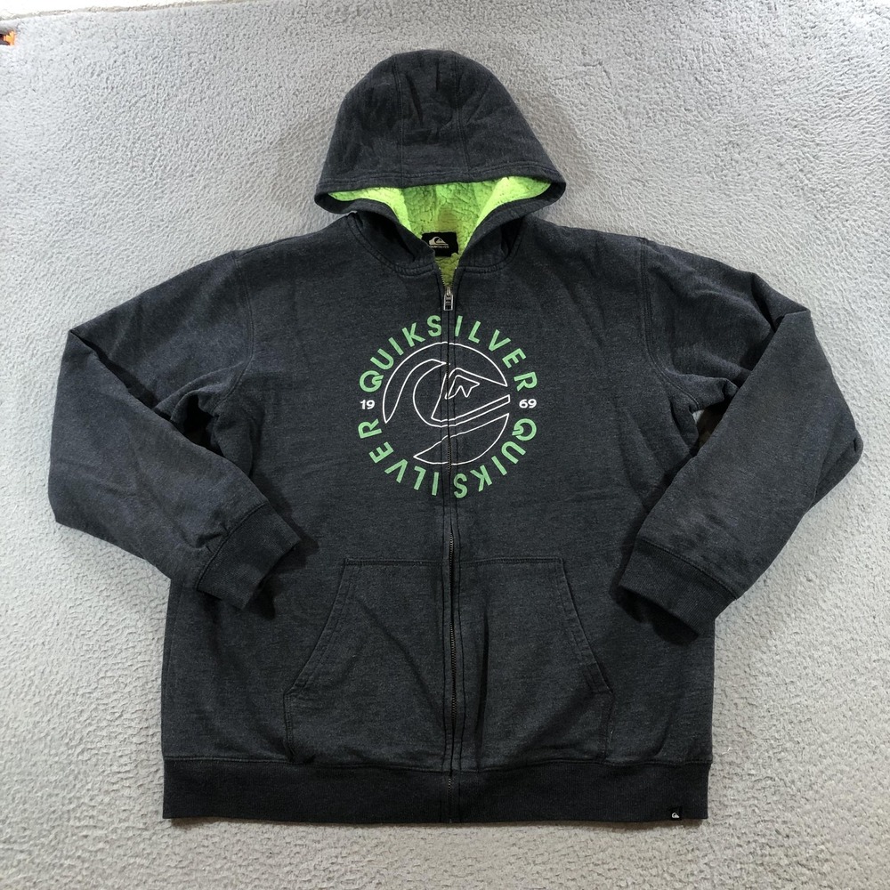 Quiksilver Hoodie Boys XL 18/20 Black Full Zip Graphic Sherpa Lined Heavyweight